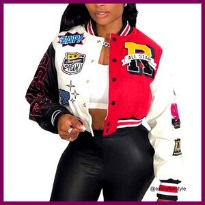 Crop Varsity Jacket Stitched Leather Sleeves Y2K Streetwear Baseball Bomber